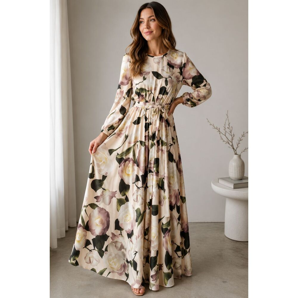 Floral Silk Maxi Dress Women’s Cream Pink Rose Print Belted Long Sleeve Size Unk